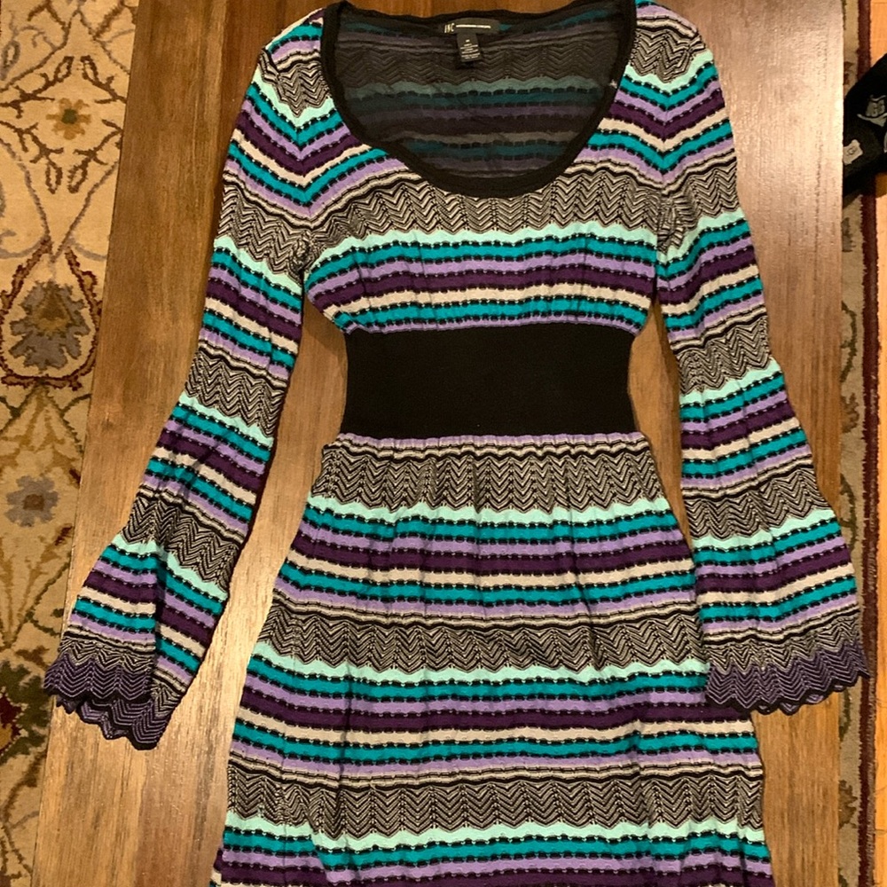 INC black purple teal grey striped bell sleeves sweater dress medium